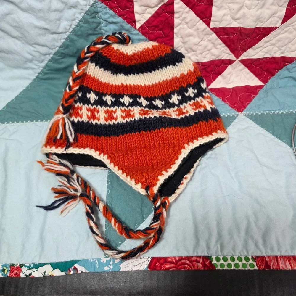 Earth‎ Ragz Knit Wool Chullo Earflap Hat Orange Navy White Fair Isle Nepal